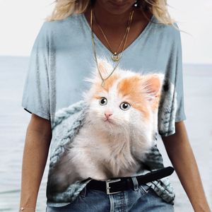 Dames T-shirt Kawaii Cat Print 3D T-shirt Top Girls Y2K kleding Zomer korte mouw T Tees V-Neck Casual Holiday Female T-shirt