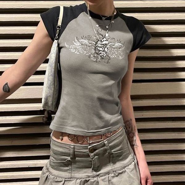 Camiseta de mujer Kawaii Y2k de mujer Camiseta Fairy Grunge Wings Print Mangas raglán 90s Crop Tops Camisetas gráficas Streetwear Mujer Vintage 230615