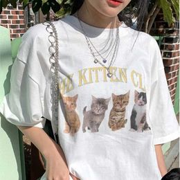 T-shirt Femme Kawaii Femmes T-shirt The Kitten Club Streetwear Blanc À Manches Courtes Femme T-shirt Surdimensionné Mignon Grunge Tops Y2k Egirl Tee 240130