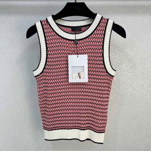 Dames T-shirt gebreid mouwloos vest met ronde hals zomer nieuwe hoogwaardige mode kleur contrast rand strip gebreide retro stijl blouse casual