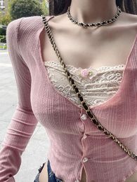 Camiseta de mujer Moda coreana Crop Top Mujer Primavera Camiseta de punto de manga larga Ulzzang Sweet Cute Pink Lace Patchwork Slim Y2K Estética Tees 230612