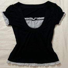 Dames T-shirt Koreaans Kawaii Patchwork Dames T-shirt Y2K Esthetische Vintage Melkmeisje Top Fairycore Grunge Vierkante Kraag Korte Mouw Crop Top 230419