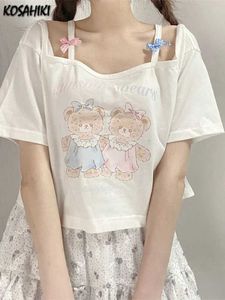 T-shirt féminin Kosahiki 2024 Été Sweet Crop Top Womens ours Imprimé à manches courtes Y2K T-shirt épaule esthétique T-shirtl2404