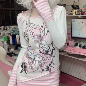 Camiseta de mujer Kosahiki Fake Dos piezas Patch Camiseta de manga larga Mujeres Harajuku Tee gráfico Y2K Tops Estética Egirl Summer Fina Camiseta Goth 230403