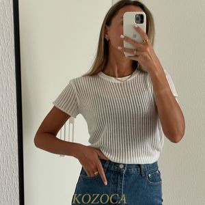 Women's T-Shirt Kozoca 100% Wool Chic White Elegant Striped See Through Women Tops Outfits Short Sleeve T-Shirts Tees Skinny Club Party Clothes 230630