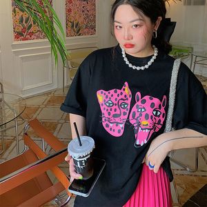 T-shirt femme Kpop rose imprimé léopard femme Summer Street Fashion T-shirt noir à manches courtes haut en coton ample 90s Y2K T-shirt 230728