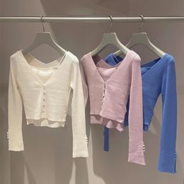 T-shirt femme Kuzuwata japonais couleur unie mince col en V Cardigan gilets deux pièces costumes début printemps doux vêtements d'extérieur haut à manches longues femmes 230515