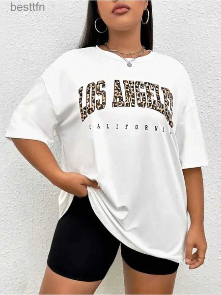 T-shirt Femme Léopard Lettre Graphique Imprimer Femmes T-shirts Lady Oversize Fe Vêtements Lâche Court Sle O-Col Fille Tees EZwear Y2k Tops 240311