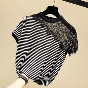 Dames T-shirt LJSXLS Lace T-shirt Dames Hollow Black Stripe Short Sleeve T-shirt Damesgebreide Summer Top T-shirt 230331