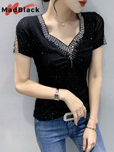 T-shirt femme MadBlack été vêtements européens T-shirt sexy drapé col en V rivet diamants haut pour femme manches courtes évider t-shirts T25510L 230317