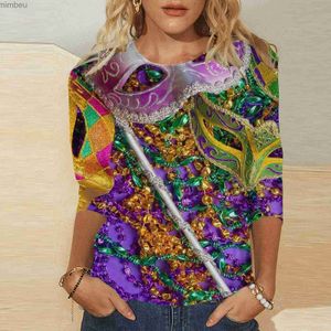 Dames T-shirt Mardi Gras Shirts Carnaval Casual Modieus Driekwart mouw Veren Masker Bedrukte T-shirts Mardi Gras Outfit voor DamesC24319