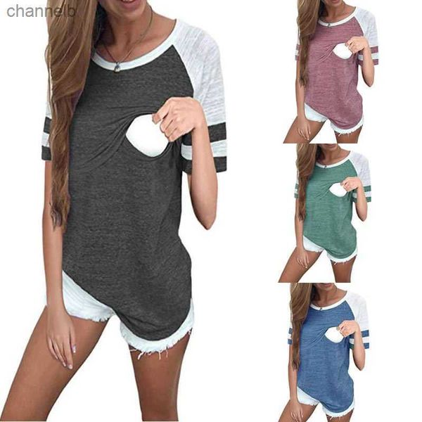 T-shirt femme maternité allaitement Tee hauts d'allaitement rayé colorblock T-shirt à manches courtes grande taille S-XL vêtements de maternité TeesL230519