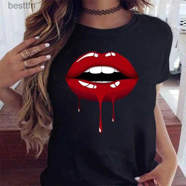 Camiseta para mujer Maycaur mujeres boca roja labio impreso camiseta camiseta negra moda divertido leopardo gráfico camiseta femme harajuku camiseta top 240311