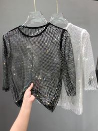 Dames T-shirt Mesh Diamant kristallen jas Diamant ultra fee in binnen take party bling hollow-out render ongevoerde bovenkleding en glanzend t-shirt 230515