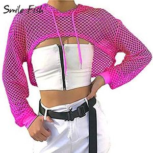 Dames T-shirt Mesh Hot Pink Mesh Grid Lange mouw Casual T-shirts Sexy Hollow Out Cover T-shirt Tops Women Fashion Orange Shirts Blouses G1137 P230328