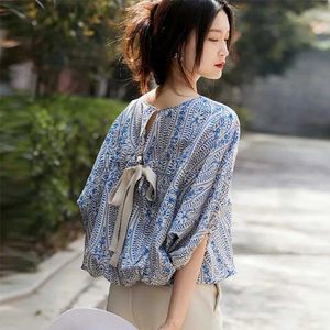 T-shirt féminin Mexzt Elegant Sans manches sans manches Femmes Retro Bow imprimées Bureau Femmes Summer Soules de batte coréen