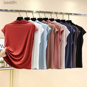 T-Shirt femme Modal Mockneck T-Shirt sans manches été femmes minceur T-Shirt couleur unie doux basique Tee hauts 240311