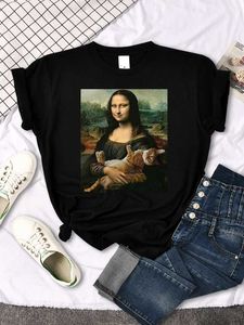 Dames T-shirt Mona Lisa T-shirt Fun Cat Cute Print T-shirt Dames Crewneck Gothic Dames T-shirt Casual Extra grote T-shirtl2405