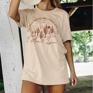 T-shirt pour femmes Mountain Cactus Print Retro Western T-shirt Cowgirl Music Country Music T-shirt Short Slve Loose Vintage Graphique TS Femmes Top T240510