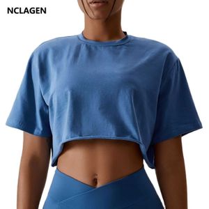 T-shirt féminin nclagen T-shirt décontracté coton femmes courts lin danse sports de course yoga fitness crop haut de gymnase