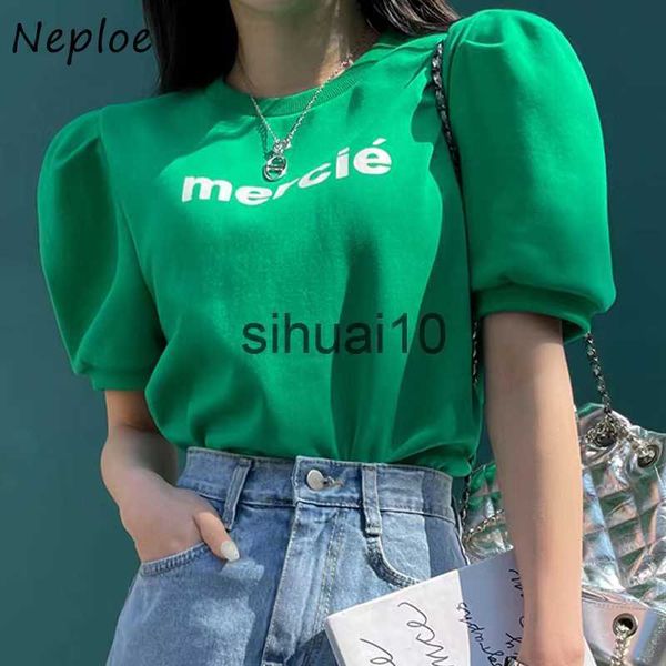 T-Shirt Femme Neploe Style Occidental Coréen Tees Femme Simple Col Rond Top Lettre Impression Hit Couleur Lâche Casual Sauvage T-Shirt À Manches Bouffantes J230627