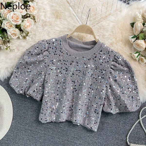 T-shirt Femme Neploe Summer Femme T-shirts Heavy Paillettes Crop Tops Mujer O-Cou Puff Sleeve Tees 2021 Chemises de tempérament de mode coréenne 95