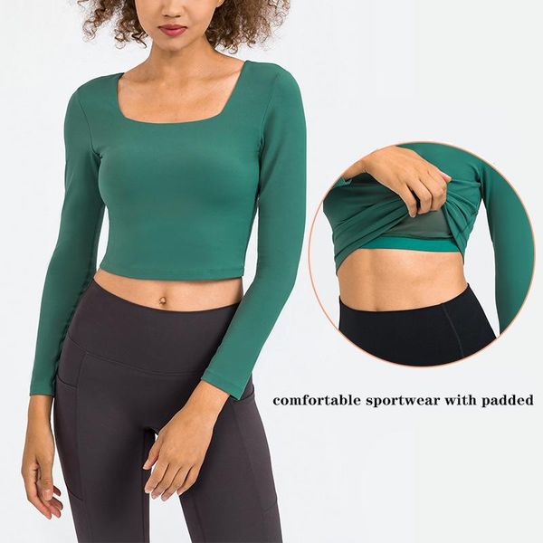 Camiseta de mujer Nessaj mujer otoño Fitness Crop Top acolchado cuello cuadrado manga larga mujeres Yoga camisas Sexy Color sólido Delgado entrenamiento