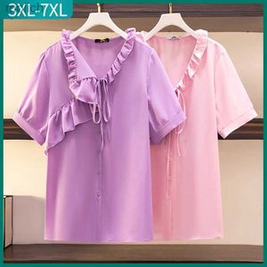 T-shirt féminin Nouveau 2022 femmes Summer Plus taille Top Top Womens Big Shirt à manches courtes en vrac Purple Designer Ruffled Shirt 3xl 4xl 5xl 6xl 7xlwx