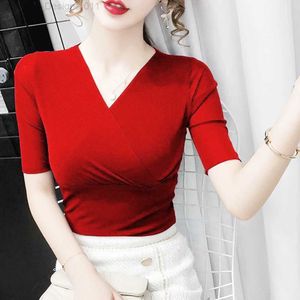 T-shirt Femme Nouveau court Sle col en v T-shirt femmes printemps été mince Stretch haut dames Sexy t-shirts S-4XL violet rouge blanc Fe Blouses L24312 L24312