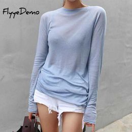 Camiseta de mujer nueva primavera verano tops básicos manga larga suelta delgada sexy azul camiseta mujer moda color sólido algodón tela femme t230104