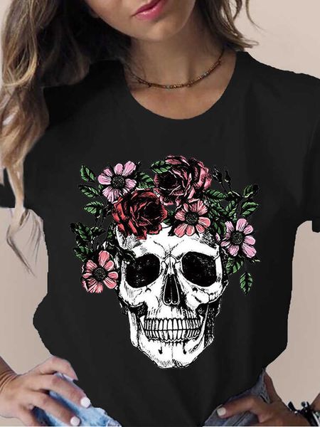 T-shirt femme New Summer Skull Flowers Mode T-shirt femme Graphic TShirt Lady Harajuku Tops 90s Short Sleeve Funny Tee Shirts Girls Clothes P230510