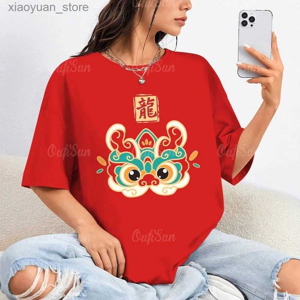 T-shirt femme T-shirt du nouvel an femmes O cou pulls motif de danse du lion haut surdimensionné à manches courtes T-shirts à la mode femme chinoise streetwear 240130