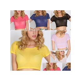 T-shirt féminin le plus récent été yer maille crop tops femme fête à manches courtes choux de gouttes