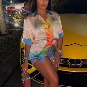 T-shirt femme Nibber Coloful Top été imprimé revers à manches longues simple boutonnage ample décontracté tout match t-shirt fête Streetwear voyage 230208