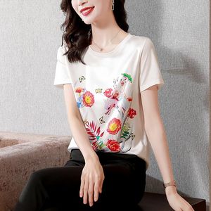 T-shirt féminin nylon coton d'été féminin top top floral imprime courte à manches décontractées occasionnelles