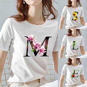 T-shirt Femme O Cou Blanc Top Femmes 2022 Été Casual T-shirt Basic Fleur Couleur Lettre Nom Motif Imprimer Court Sle Tops Dames Vêtements L24312