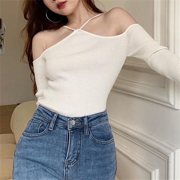 T-shirt femme haut à épaules dénudées printemps et été femme Slim jarretelle à manches longues licou cou pull tricoté femme