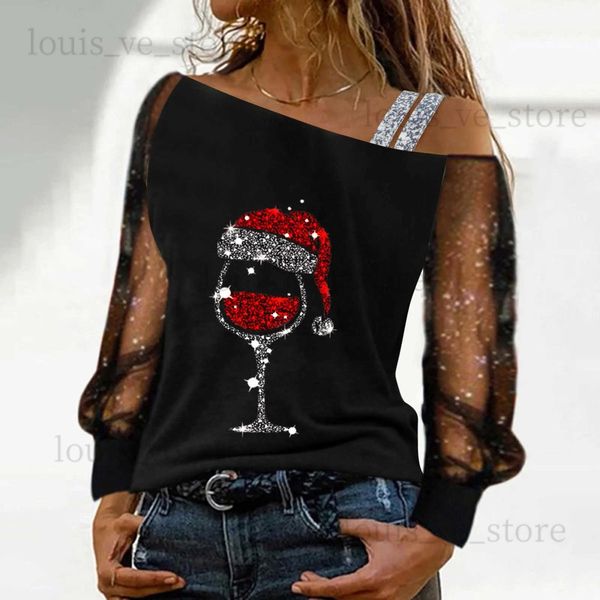 T-shirt Femme Off Épaule Femmes Blouse De Noël Verre À Vin Imprimer Blouse De Noël Paillettes Splice Mesh À Manches Longues Femme Tops Blusa Mujer T231204