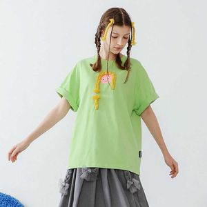 Dames T-shirt Originele Niche Design Dames Long T-shirt Loose O-Neck 3d Woven Wovens Short Sheeved T-Shirt Top Green T-Shirt Y2K Summer New Stylel2404