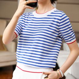 Dames T-shirt OuMengka Dames zomer Harajuku T-shirts dunne breienstreep o-neck tops vrouwen korte mouw stretchy casual blauw tee femme 230317