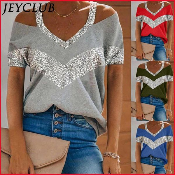 T-Shirt Femme T-shirt Oversize Paillettes Patchwork Sexy Hauts Épaules Dénudées Femmes Été Halter Col V À Manches Courtes T-shirt T-shirts Femme Clothin