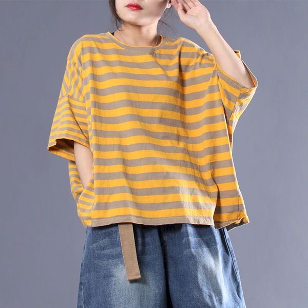 T-shirt femme surdimensionné T-shirts Femme Fashion Stripe Yellow T-shirt Casual Loose Short Sleeve Tops Tendance estivale T-shirt surdimensionné Y2k Top 230503