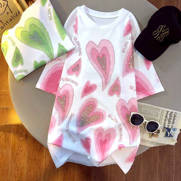 T-shirt Femme T-shirts surdimensionnés pour femmes Summer Korean Fashion Hot Drill Imprimer Coton en vrac à manches courtes Designer Vêtements Femmes Tops de luxe J230506