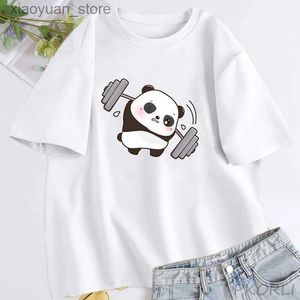 T-shirt femme Panda T-shirts La lutte est réelle Haltérophilie Fitness Gym T-shirt mignon Femmes T-shirts en coton drôles Oversize Vêtements pour femmes 240130