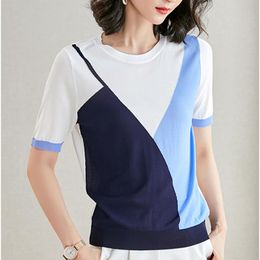 Dames t-shirt patchwork dunne gebreid t-shirt dames zomer tops shirts shirts korte mouw Korean mode dames kleding tee femme camisetasvrouwen