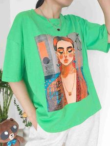 T-shirt femme T-shirt en coton rose femme surdimensionné 2024 ample doux imprimé bande dessinée T-shirt d'été vert simple basique femme T-shirt à manches courtes 240322