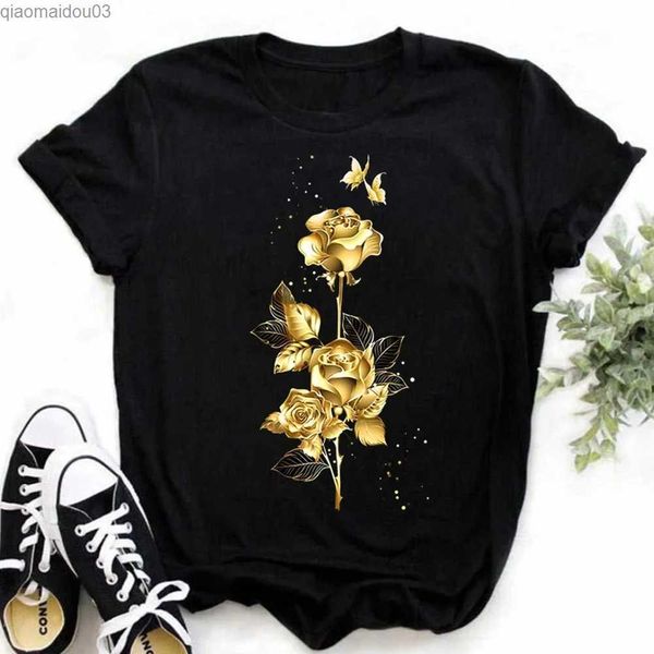 T-shirt féminin plus taille maycaur new fashion gold rose imprimer t-shirt féminin harajuku
