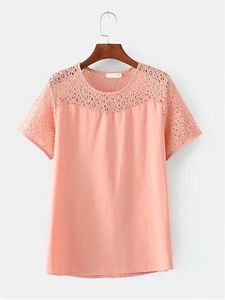 T-Shirt Femme T-shirt d'été grande taille avec tissu coupé en dentelle cousu avec du tissu en coton et lin naturel Chemise fine grande taille 230407
