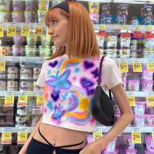 Camiseta de mujer Punk Fairy Cute Butterfly Colorful Graphic Printed T-shirt 90s Streetwear Summer Casual Kawaii Slim Crop Top White Baby Tee