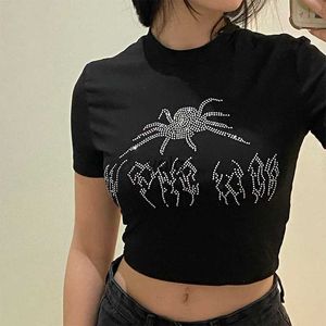 T-shirt Femme Punk Vintage Rhinone Spider Go T-shirt graphique Femmes Y2K Style Crop Top O-NE Tshirt Bla Streetwear T-shirt à manches courtes T-shirtyolq